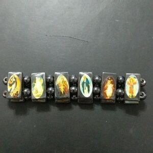 Black Magnetic Hematite Catholic Saints Stretchy Elastic Statement Bracelet